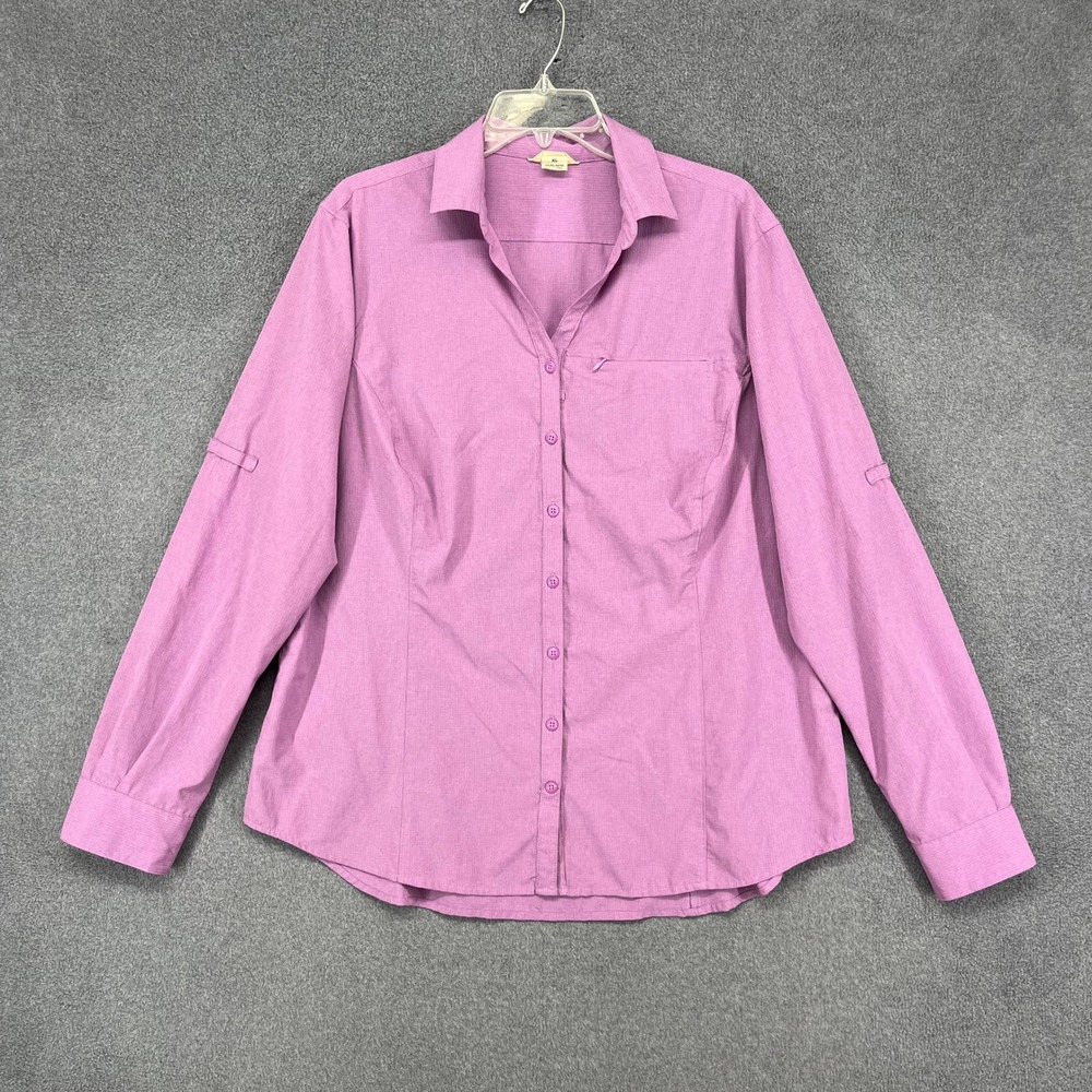 Duluth Trading Co Button Up Shirt Womens XL Purple Roll Tab Sleeve Hiking Top